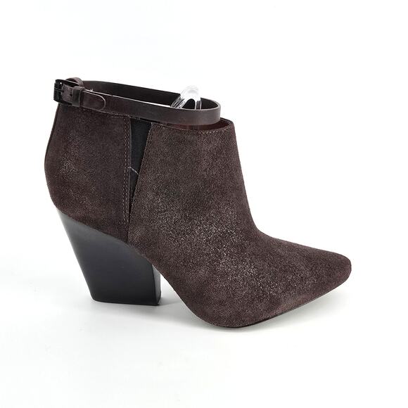Rebecca Minkoff La Roux Brown Metallic Bootie Ankle Strap Wood Stacked Wedge 8.5 - Picture 2 of 9